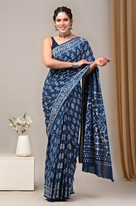 Indigo Cotton Mul Saree