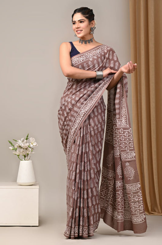 Brown Cotton Mul Saree