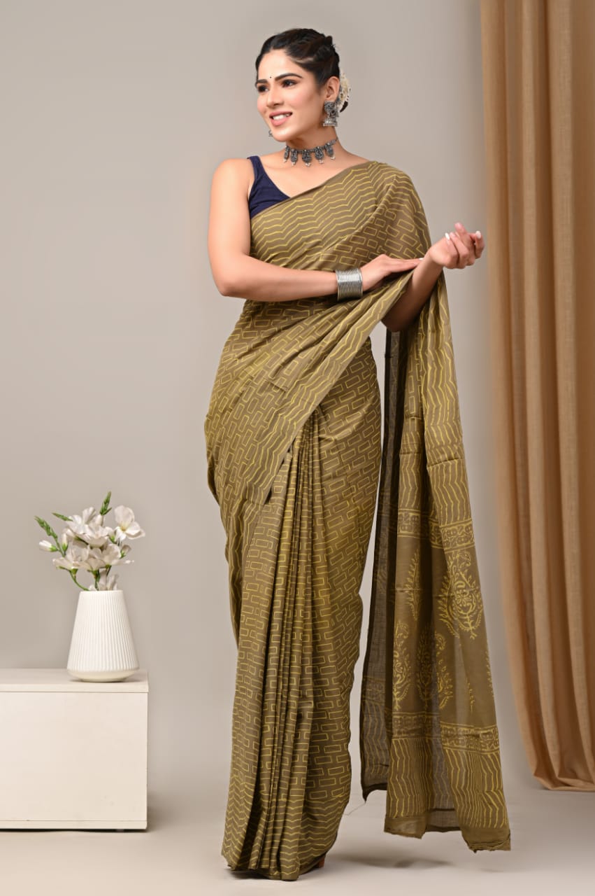 Olive Green Cotton Mul Saree